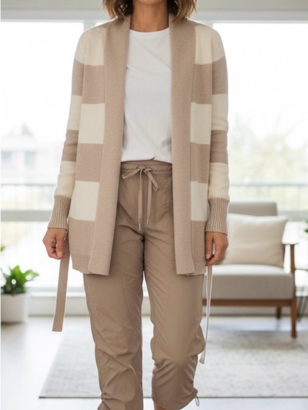 GAP Beige and Cream Striped Open-Front Cardigan L